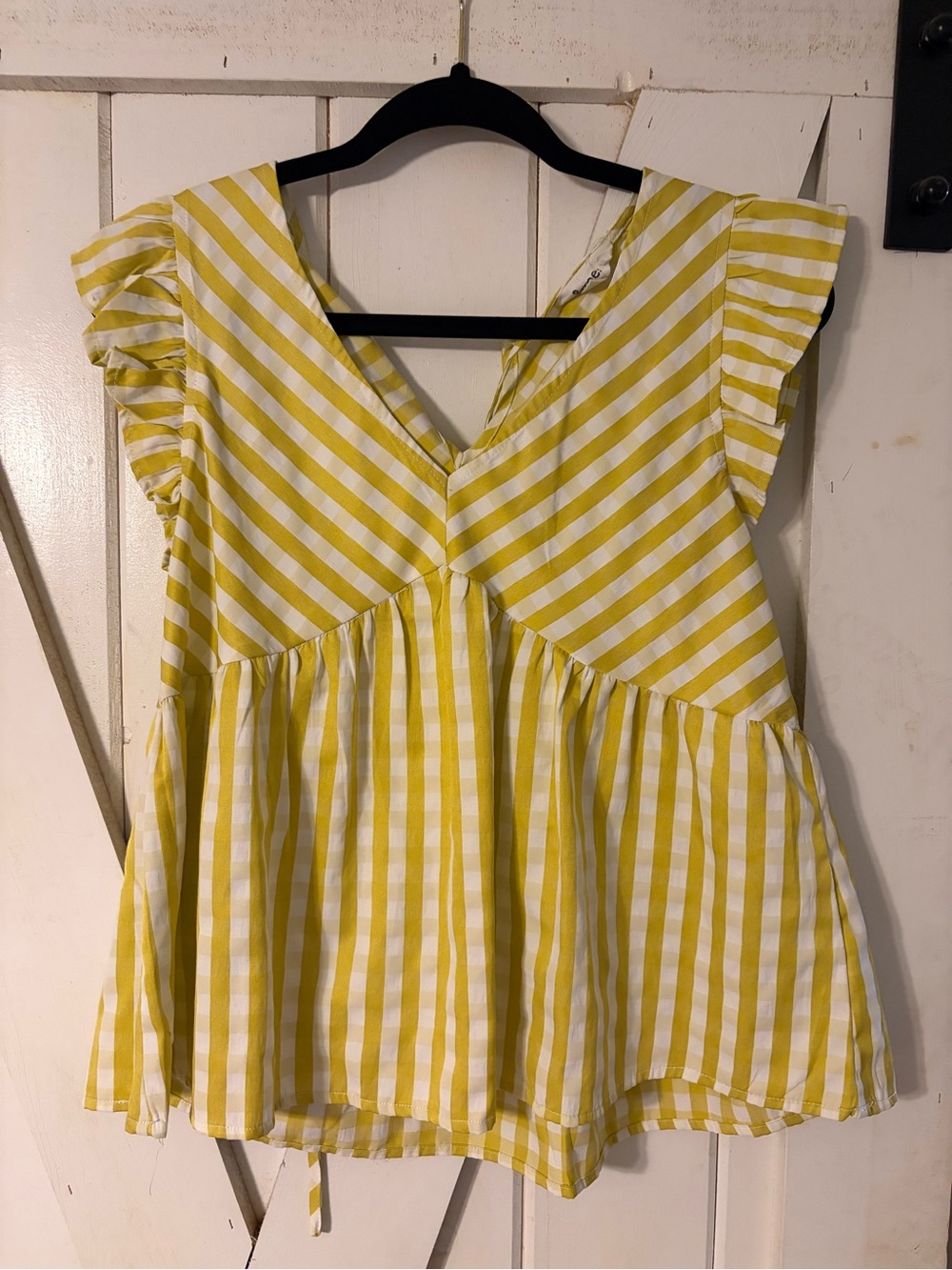 Striped V-Neck Ruffle Sleeve Tunic in Yellow and White
